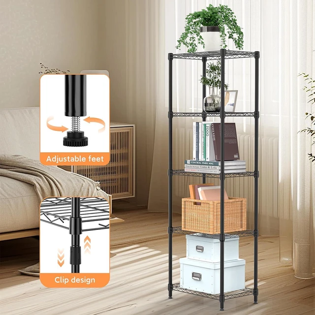 Alt view image 5 of 7 - M 5 Tiers Shelf Metal Storage Shelves Wire Rack Closet Organizers with Wheel for Garage Kitchen Bathroom Laundry Black 11.8" D x 17.7" W x 55" H