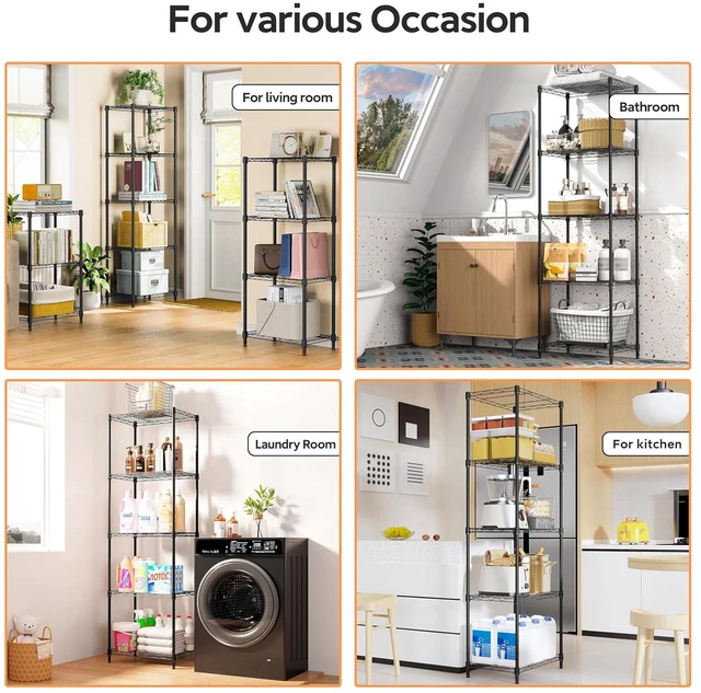 Alt view image 6 of 7 - M 5 Tiers Shelf Metal Storage Shelves Wire Rack Closet Organizers with Wheel for Garage Kitchen Bathroom Laundry Black 11.8" D x 17.7" W x 55" H