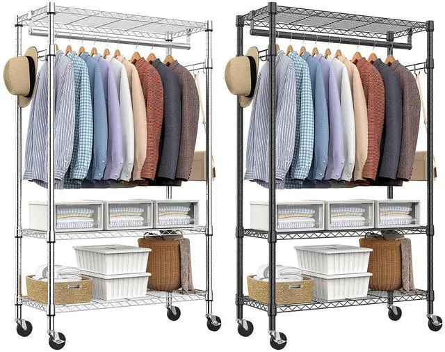 Main image of M 2PCS Heavy Duty Rolling Garment Rack 3 Tiers Adjustable Wire Shelving Clothes Rack with Rods and Side Hooks,Storage Closet Clothing Rack with Wheels 15.7" D x 29.5" W x 76.8" H