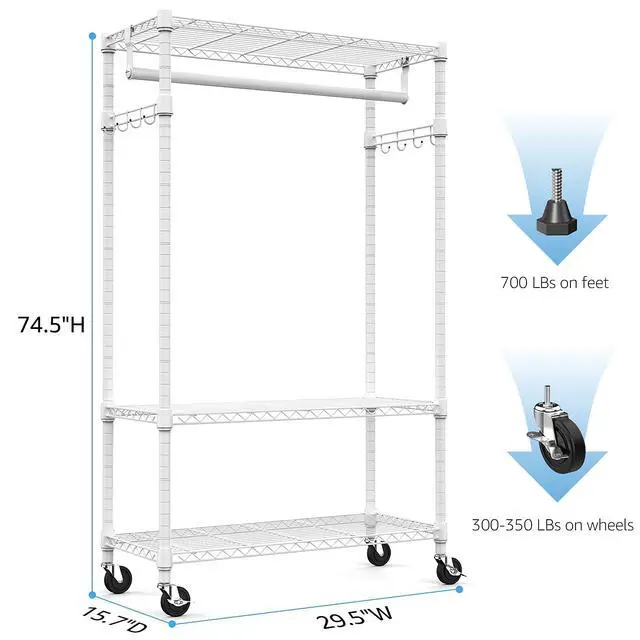 Alt view image 6 of 7 - M 2PCS Heavy Duty Rolling Garment Rack 3 Tiers Adjustable Wire Shelving Clothes Rack with Rods and Side Hooks,Storage Closet Clothing Rack with Wheels 15.7" D x 29.5" W x 76.8" H