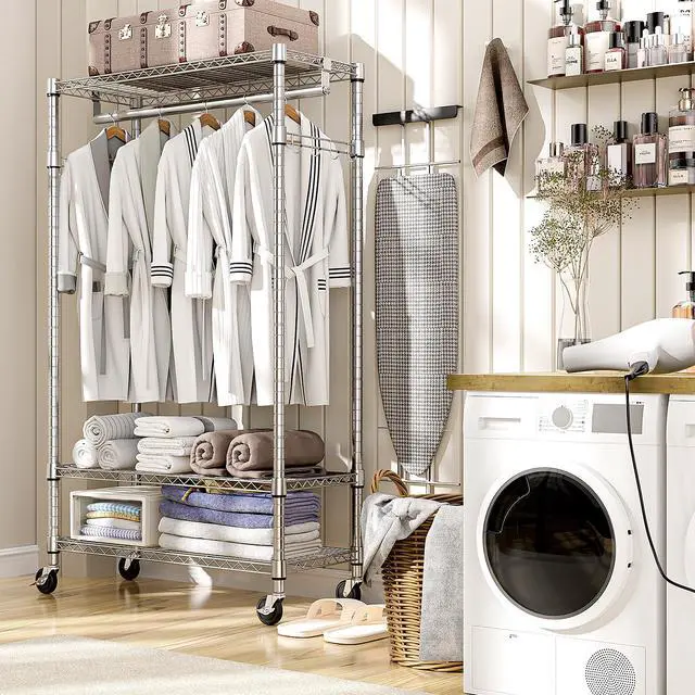 Alt view image 5 of 7 - M 2PCS Heavy Duty Rolling Garment Rack 3 Tiers Adjustable Wire Shelving Clothes Rack with Rods and Side Hooks,Storage Closet Clothing Rack with Wheels 15.7" D x 29.5" W x 76.8" H