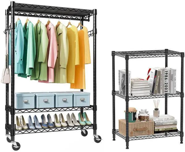 Main image of 2 PCS Black 3 Tier Heavy Duty Rolling Garment Rack and Wire Storage Shelving 3-Tier Utility Shelving Unit