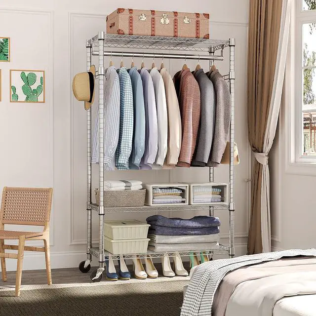 Alt view image 7 of 7 - M 2PCS Heavy Duty Rolling Garment Rack 3 Tiers Adjustable Wire Shelving Clothes Rack with Rods and Side Hooks,Storage Closet Clothing Rack with Wheels 15.7" D x 29.5" W x 76.8" H