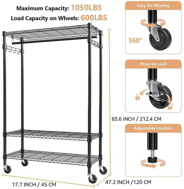 Alt view image 3 of 7 - 2 PCS Black 3 Tier Heavy Duty Rolling Garment Rack and Wire Storage Shelving 3-Tier Utility Shelving Unit