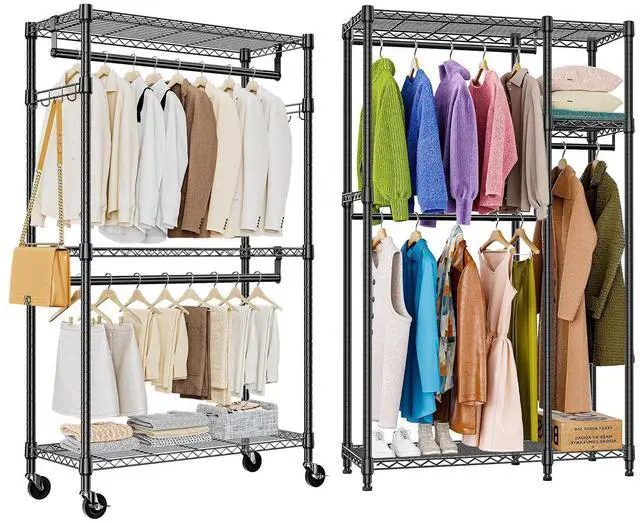 Main image of M 2 PCS Heavy Duty Rolling Garment Rack 3 Tiers Adjustable Wire Shelving Clothes Rack with Rods
