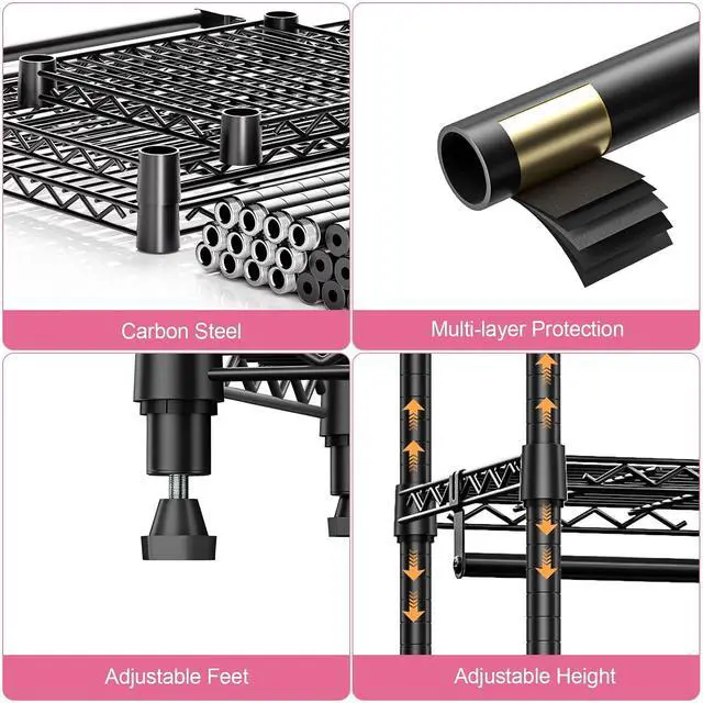 Alt view image 6 of 7 - M 2 PCS Heavy Duty Rolling Garment Rack 3 Tiers Adjustable Wire Shelving Clothes Rack with Rods