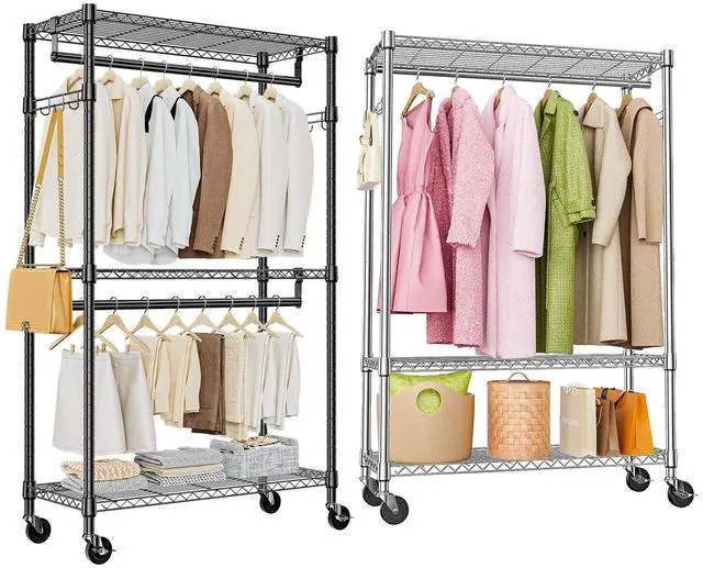 Main image of M 2 PCS Heavy Duty Rolling Garment Rack 3 Tiers Adjustable Wire Shelving Clothes Rack