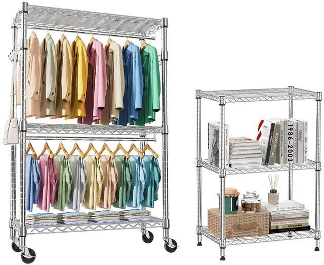 Main image of M 2 PCS Heavy Duty Rolling Garment Rack and Wire Storage Shelving 3-Tier Utility Shelving Unit