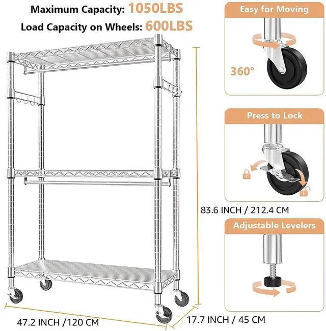 Alt view image 3 of 7 - M 2 PCS Heavy Duty Rolling Garment Rack and Wire Storage Shelving 3-Tier Utility Shelving Unit