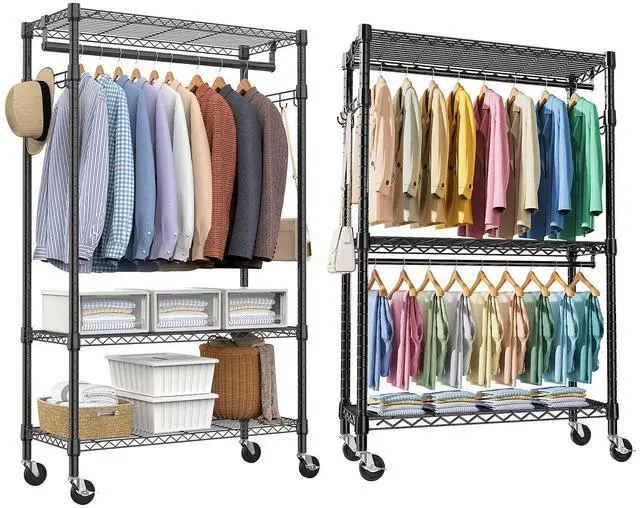 Main image of M 2 PCS Heavy Duty Rolling Garment Rack 3 Tiers Adjustable Wire Shelving Clothes Rack with Rods and Side Hooks,Storage Closet Clothing Rack with Wheels Black
