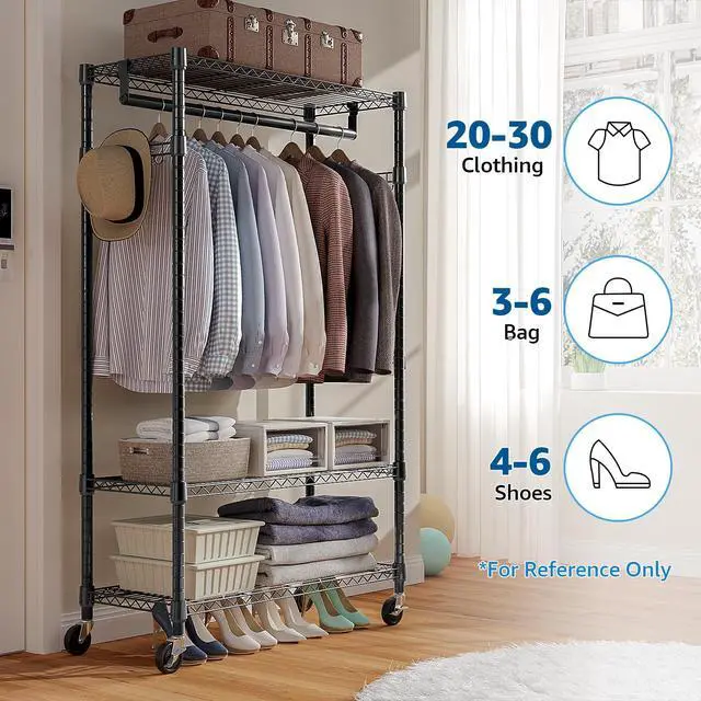Alt view image 2 of 7 - M 2PCS Heavy Duty Rolling Garment Rack 3 Tiers Adjustable Wire Shelving Clothes Rack with Rods and Side Hooks,Storage Closet Clothing Rack with Wheels 15.7" D x 29.5" W x 76.8" H