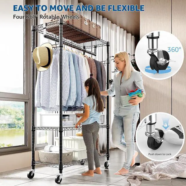Alt view image 3 of 7 - M 2PCS Heavy Duty Rolling Garment Rack 3 Tiers Adjustable Wire Shelving Clothes Rack with Rods and Side Hooks,Storage Closet Clothing Rack with Wheels 15.7" D x 29.5" W x 76.8" H