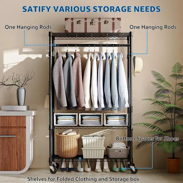 Alt view image 4 of 7 - M 2PCS Heavy Duty Rolling Garment Rack 3 Tiers Adjustable Wire Shelving Clothes Rack with Rods and Side Hooks,Storage Closet Clothing Rack with Wheels 15.7" D x 29.5" W x 76.8" H