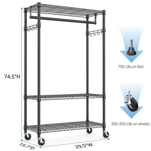 Alt view image 5 of 7 - M 2 PCS Heavy Duty Rolling Garment Rack 3 Tiers Adjustable Wire Shelving Clothes Rack with Rods and Side Hooks,Storage Closet Clothing Rack with Wheels Black