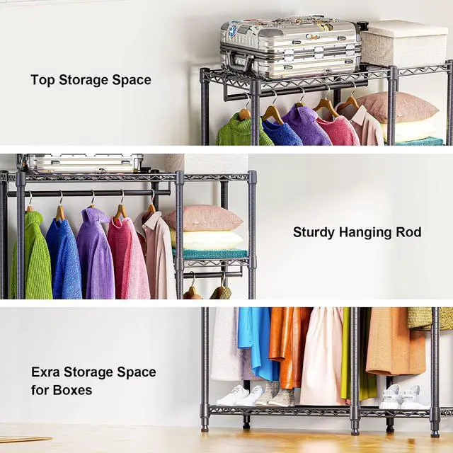 Alt view image 7 of 7 - M 2 PCS Heavy Duty Rolling Garment Rack 3 Tiers Adjustable Wire Shelving Clothes Rack with Rods