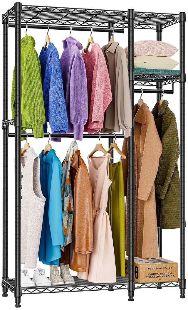 Main image of M Heavy Duty Rolling Garment Rack 3 Tiers Adjustable Wire Shelving Clothes Rack with 3 Rods and Side Hooks,Storage Closet Clothing Rack Black 15.7" D x 43.3" W x 76.5" H