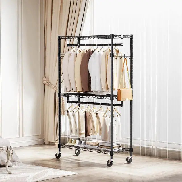 Alt view image 2 of 7 - M Heavy Duty Rolling Garment Rack 3 Tiers Adjustable Wire Shelving Clothes Rack with 2 Rods and Side Hooks,Storage Closet Clothing Rack with Wheels Black 15.7" D x 29.5" W x 74.5" H