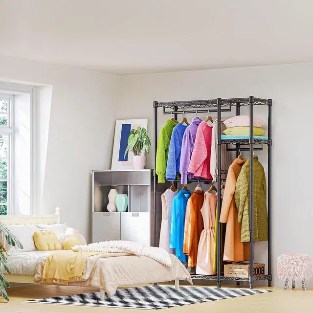 Alt view image 5 of 7 - M Heavy Duty Rolling Garment Rack 3 Tiers Adjustable Wire Shelving Clothes Rack with 3 Rods and Side Hooks,Storage Closet Clothing Rack Black 15.7" D x 43.3" W x 76.5" H