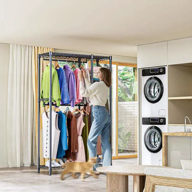 Alt view image 6 of 7 - M Heavy Duty Rolling Garment Rack 3 Tiers Adjustable Wire Shelving Clothes Rack with 3 Rods and Side Hooks,Storage Closet Clothing Rack Black 15.7" D x 43.3" W x 76.5" H