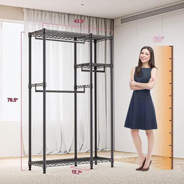 Alt view image 7 of 7 - M Heavy Duty Rolling Garment Rack 3 Tiers Adjustable Wire Shelving Clothes Rack with 3 Rods and Side Hooks,Storage Closet Clothing Rack Black 15.7" D x 43.3" W x 76.5" H