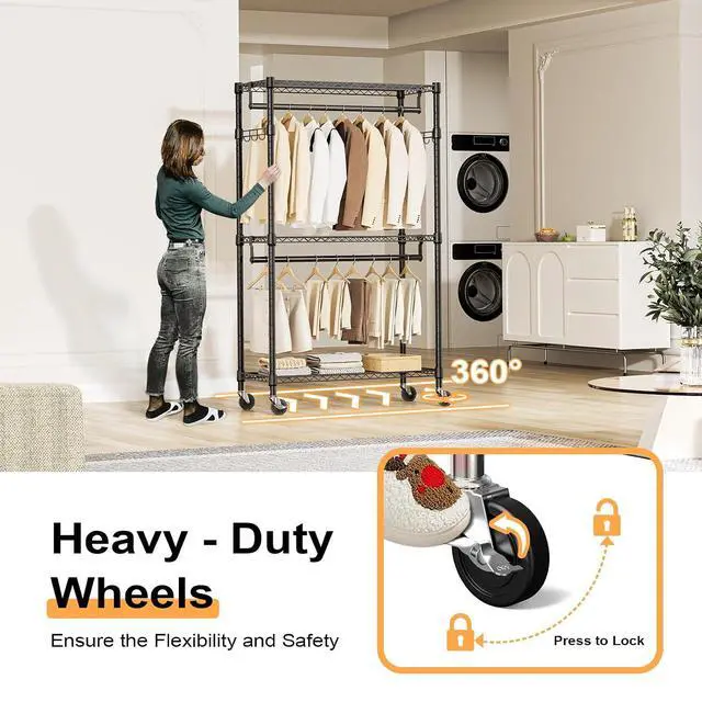 Alt view image 3 of 7 - M 2 PCS Heavy Duty Rolling Garment Rack 3 Tiers Adjustable Wire Shelving Clothes Rack with Rods
