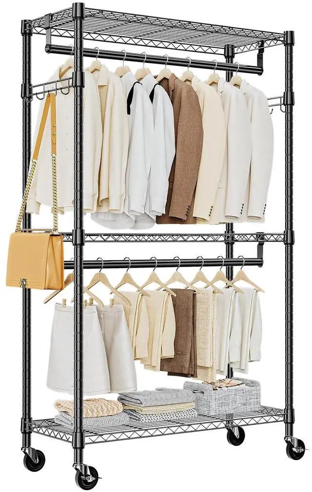 Main image of M Heavy Duty Rolling Garment Rack 3 Tiers Adjustable Wire Shelving Clothes Rack with 2 Rods and Side Hooks,Storage Closet Clothing Rack with Wheels Black 15.7" D x 29.5" W x 74.5" H