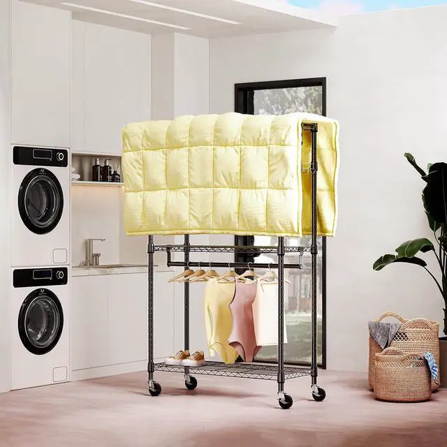 Alt view image 2 of 7 - M 2 PCS Heavy Duty Rolling Garment Rack 3 Tiers Adjustable Wire Shelving Clothes Rack with Rods