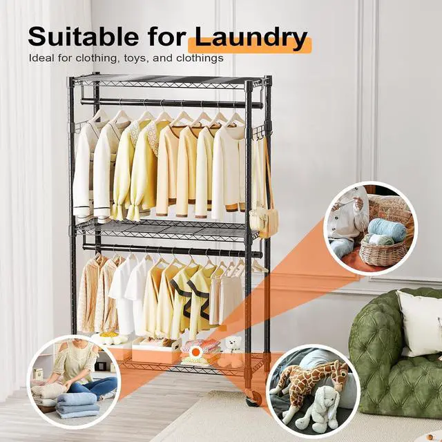 Alt view image 4 of 7 - M 2 PCS Heavy Duty Rolling Garment Rack 3 Tiers Adjustable Wire Shelving Clothes Rack with Rods