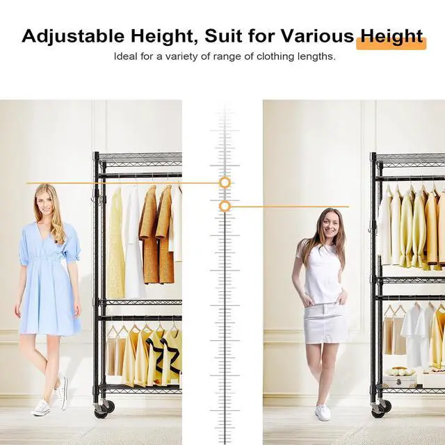 Alt view image 5 of 7 - M 2 PCS Heavy Duty Rolling Garment Rack 3 Tiers Adjustable Wire Shelving Clothes Rack with Rods
