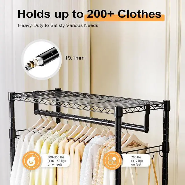 Alt view image 6 of 7 - M Heavy Duty Rolling Garment Rack 3 Tiers Adjustable Wire Shelving Clothes Rack with 2 Rods and Side Hooks,Storage Closet Clothing Rack with Wheels Black 15.7" D x 29.5" W x 74.5" H