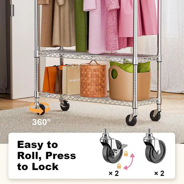 Alt view image 6 of 7 - M 2PCS Heavy Duty Rolling Garment Rack 3 Tiers Adjustable Wire Shelving Clothes Rack
