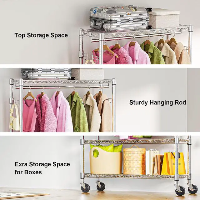 Alt view image 7 of 7 - M 2PCS Heavy Duty Rolling Garment Rack 3 Tiers Adjustable Wire Shelving Clothes Rack