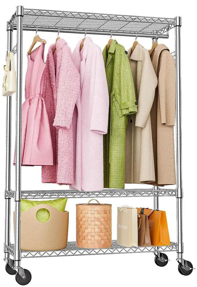 Main image of M Heavy Duty Rolling Garment Rack 3 Tiers Adjustable Wire Shelving Clothes Rack with 1 Rods and Side Hooks,Storage Closet Clothing Rack with Wheels Chrome 15.7" D x 45.3" W x 75.6" H