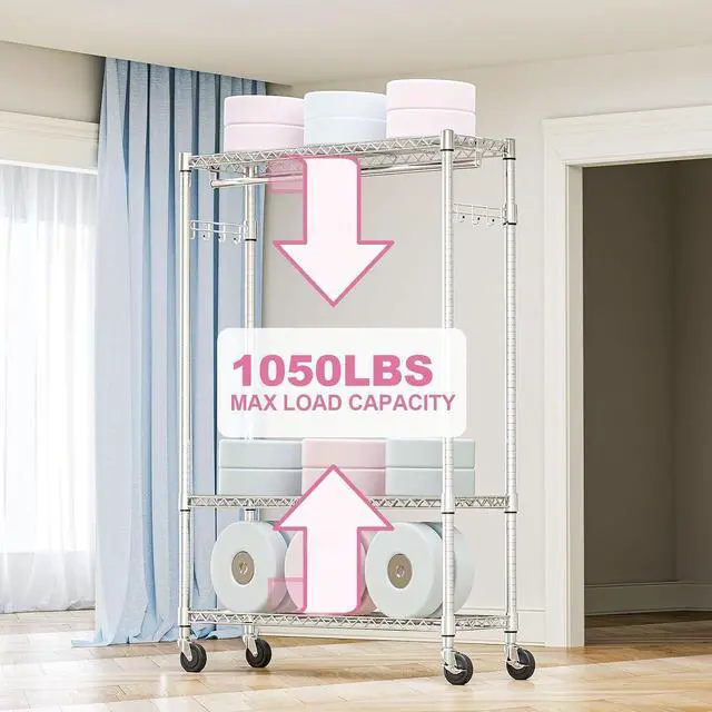 Alt view image 5 of 7 - M Heavy Duty Rolling Garment Rack 3 Tiers Adjustable Wire Shelving Clothes Rack with 1 Rods and Side Hooks,Storage Closet Clothing Rack with Wheels Chrome 15.7" D x 45.3" W x 75.6" H