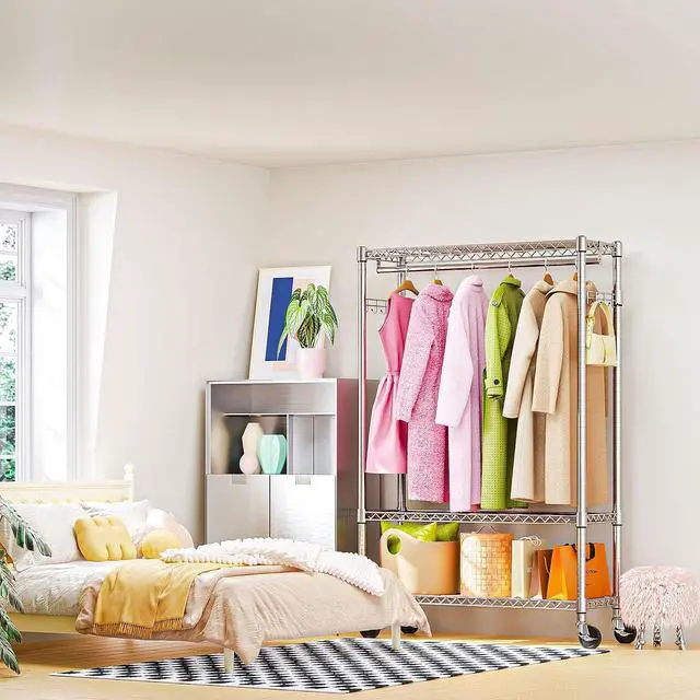 Alt view image 6 of 7 - M Heavy Duty Rolling Garment Rack 3 Tiers Adjustable Wire Shelving Clothes Rack with 1 Rods and Side Hooks,Storage Closet Clothing Rack with Wheels Chrome 15.7" D x 45.3" W x 75.6" H