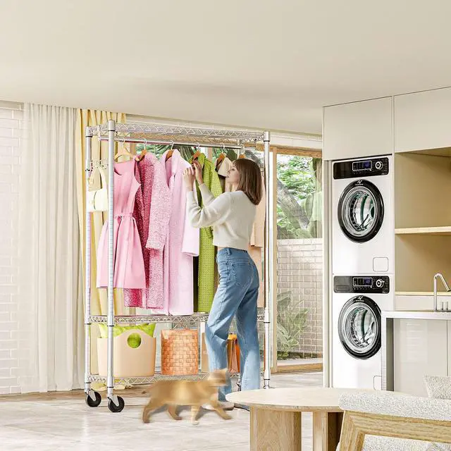 Alt view image 7 of 7 - M Heavy Duty Rolling Garment Rack 3 Tiers Adjustable Wire Shelving Clothes Rack with 1 Rods and Side Hooks,Storage Closet Clothing Rack with Wheels Chrome 15.7" D x 45.3" W x 75.6" H