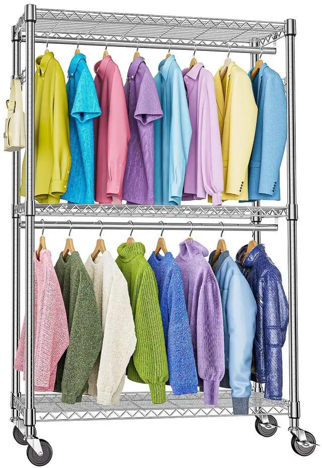 Main image of M Heavy Duty Rolling Garment Rack 3 Tiers Adjustable Wire Shelving Clothes Rack with 2 Rods and Side Hooks,Storage Closet Clothing Rack with Wheels Chrome 15.7" D x 45.3" W x 79.6" H