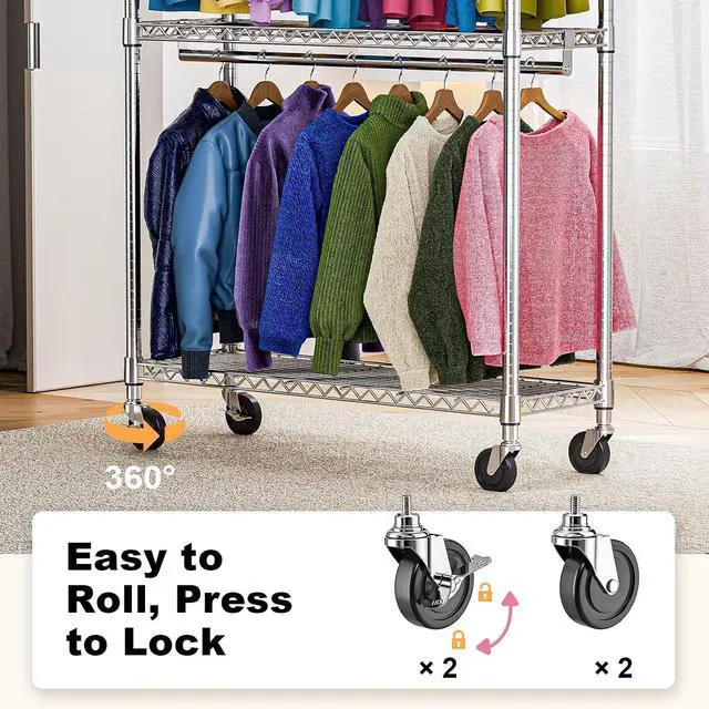 Alt view image 3 of 7 - M Heavy Duty Rolling Garment Rack 3 Tiers Adjustable Wire Shelving Clothes Rack with 2 Rods and Side Hooks,Storage Closet Clothing Rack with Wheels Chrome 15.7" D x 45.3" W x 79.6" H