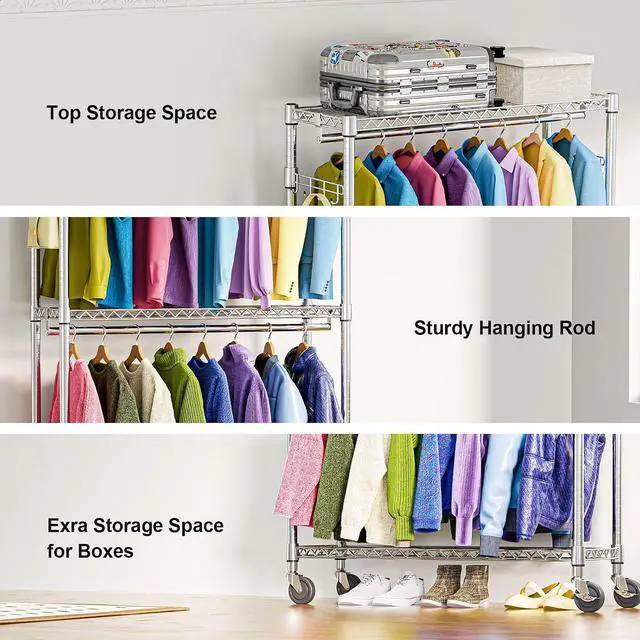 Alt view image 4 of 7 - M Heavy Duty Rolling Garment Rack 3 Tiers Adjustable Wire Shelving Clothes Rack with 2 Rods and Side Hooks,Storage Closet Clothing Rack with Wheels Chrome 15.7" D x 45.3" W x 79.6" H