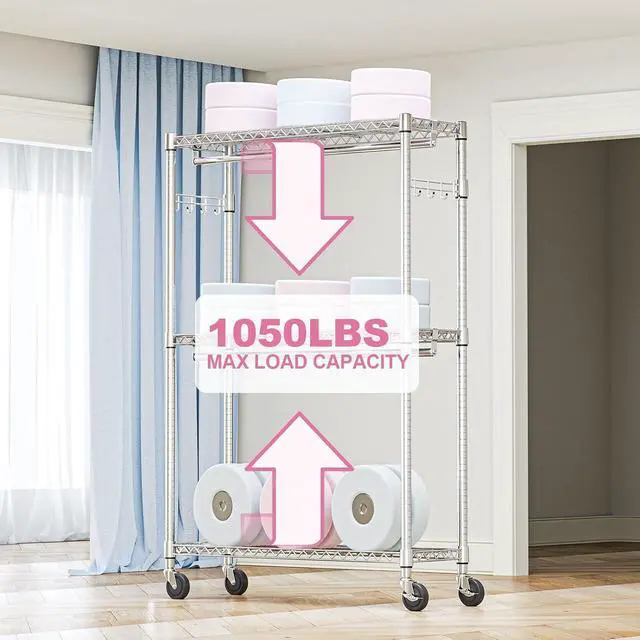 Alt view image 5 of 7 - M Heavy Duty Rolling Garment Rack 3 Tiers Adjustable Wire Shelving Clothes Rack with 2 Rods and Side Hooks,Storage Closet Clothing Rack with Wheels Chrome 15.7" D x 45.3" W x 79.6" H