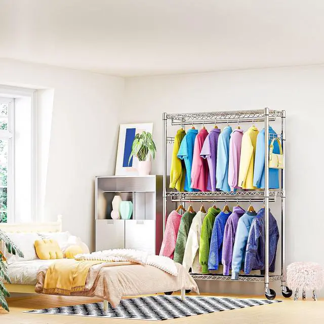 Alt view image 6 of 7 - M Heavy Duty Rolling Garment Rack 3 Tiers Adjustable Wire Shelving Clothes Rack with 2 Rods and Side Hooks,Storage Closet Clothing Rack with Wheels Chrome 15.7" D x 45.3" W x 79.6" H