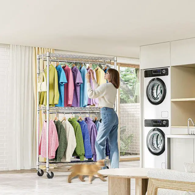 Alt view image 7 of 7 - M Heavy Duty Rolling Garment Rack 3 Tiers Adjustable Wire Shelving Clothes Rack with 2 Rods and Side Hooks,Storage Closet Clothing Rack with Wheels Chrome 15.7" D x 45.3" W x 79.6" H