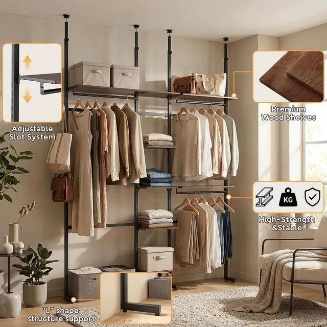 Alt view image 3 of 7 - Closet Organizer System, Freestanding Closet System with Wood Shelves & Hanging Rod, Adjustable Floor-to-Ceiling Open Wardrobe for Bedroom, Apartment & Walk-In Closet (16.8" D x72.1 W x 137.9" H)