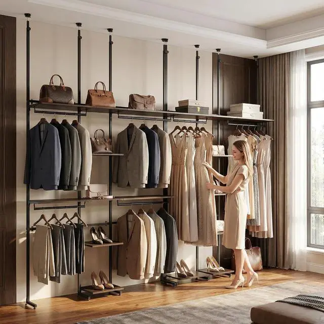 Alt view image 5 of 7 - Closet Organizer System, Freestanding Closet System with Wood Shelves & Hanging Rod, Adjustable Floor-to-Ceiling Open Wardrobe for Bedroom, Apartment & Walk-In Closet (16.8" D x72.1 W x 137.9" H)