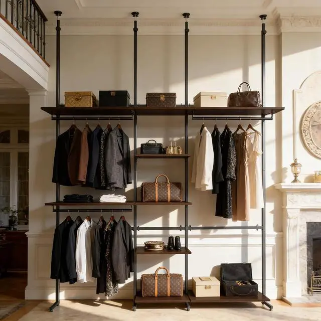 Alt view image 6 of 7 - Closet Organizer System, Freestanding Closet System with Wood Shelves & Hanging Rod, Adjustable Floor-to-Ceiling Open Wardrobe for Bedroom, Apartment & Walk-In Closet (16.8" D x72.1 W x 137.9" H)
