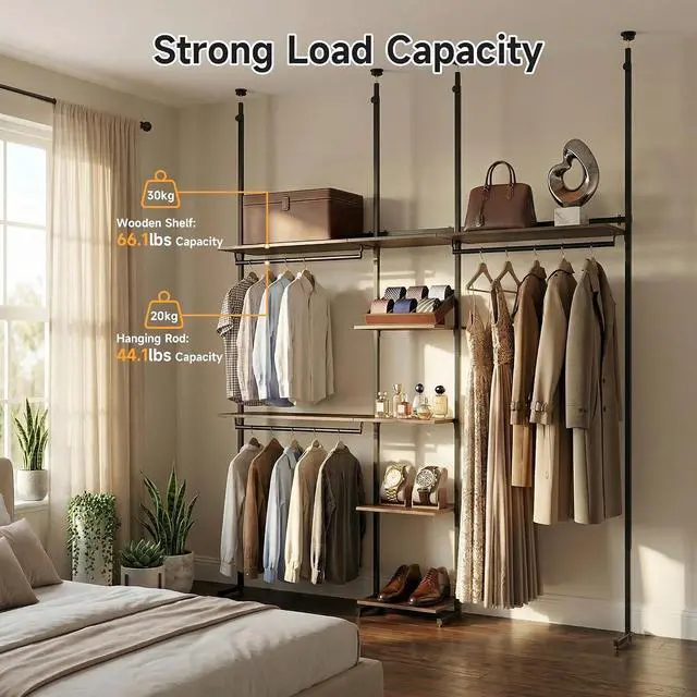 Alt view image 2 of 7 - Closet Organizer System, Freestanding Closet System with Wood Shelves & Hanging Rod, Adjustable Floor-to-Ceiling Open Wardrobe for Bedroom, Apartment & Walk-In Closet (16.8" D x72.1 W x 137.9" H)