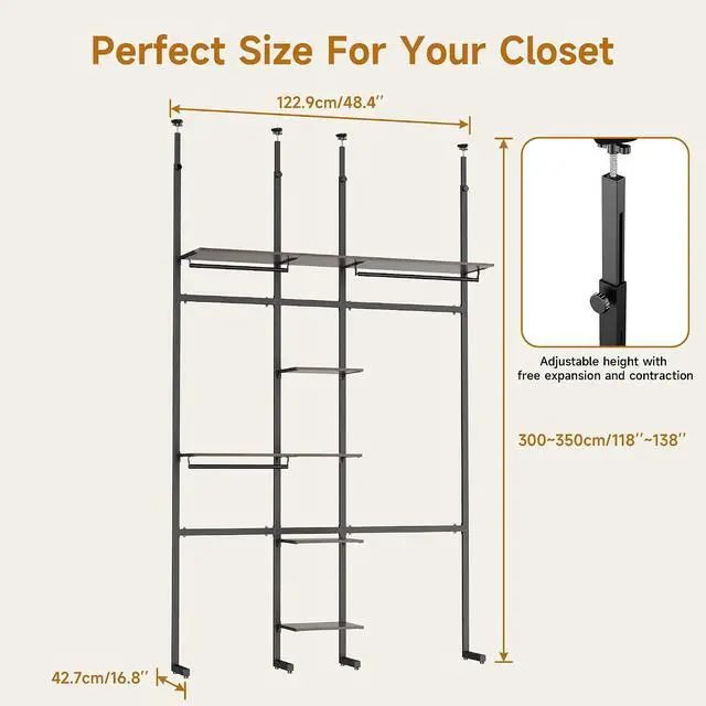 Alt view image 7 of 7 - Closet Organizer System, Freestanding Closet System with Wood Shelves & Hanging Rod, Adjustable Floor-to-Ceiling Open Wardrobe for Bedroom, Apartment & Walk-In Closet (16.8" D x72.1 W x 137.9" H)