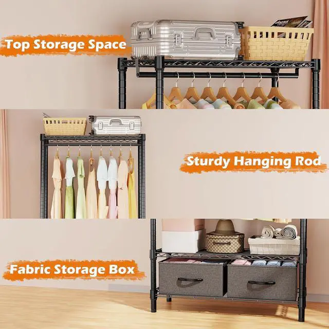 Alt view image 3 of 6 - M Heavy Duty Rolling Garment Rack 3 Tiers Adjustable Wire Shelving with Rod, Storage Closet Clothing Rack with Drawers Dark Grey, 15.8" D x 35.5" W x 72.4" H