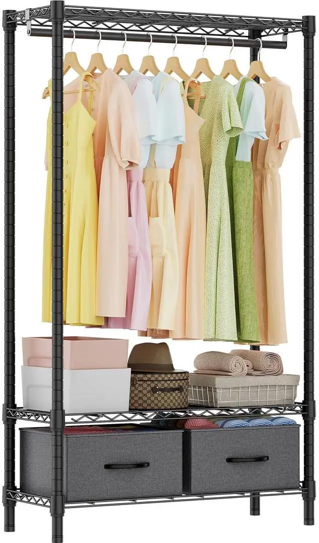 Main image of M Heavy Duty Rolling Garment Rack 3 Tiers Adjustable Wire Shelving with Rod, Storage Closet Clothing Rack with Drawers Dark Grey, 15.8" D x 35.5" W x 72.4" H