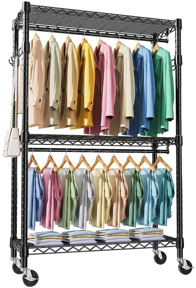 Main image of M Heavy Duty Rolling Garment Rack 3 Tiers Adjustable Wire Shelving Clothes Rack with 2 Rods and Side Hooks, Storage Closet Clothing Rack with Wheels Black 17.7" D x 47.2" W x 83.6" H